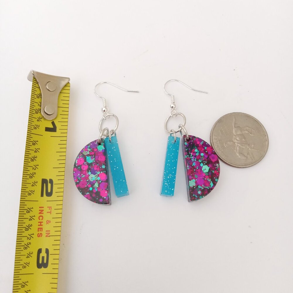 Sterling silver blue and purple glitter geo art deco dangle earrings new resin - Picture 6 of 6